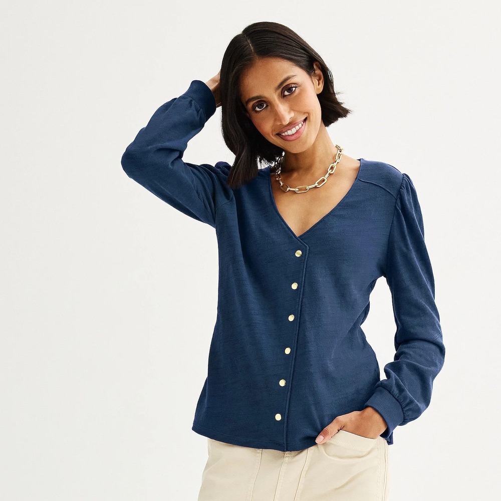 Sonoma Goods For Life Womens XL Navy Blue Cotton Slub Button V-Neck Top 140272